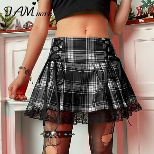 Dark Academia y2k Kawaii Front Tie-up Plaid Mini Skirt Women Aesthetic Harajuku Lace Patchwork Party Fashion Girls 2021Iamhotty
