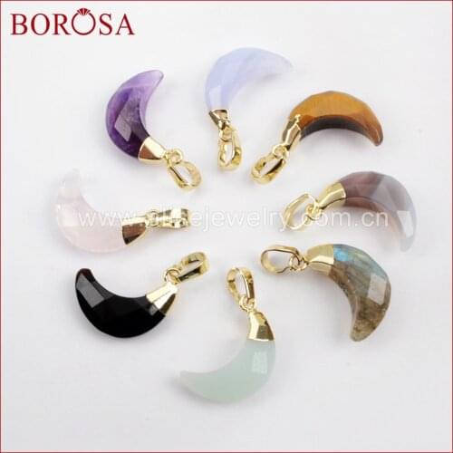 BOROSA 10PCS Gold Color Crescent Faceted Stone Pendants Multi-Kind Stone Purple Crystal Drusy Pendant for Women WX904