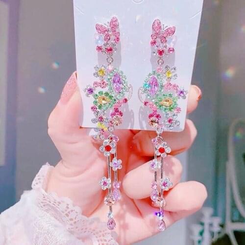 Korean Silver Color Luxury Flower Butterfly Crystal Long Dangle Earrings For Women Elegant Party Jewelry