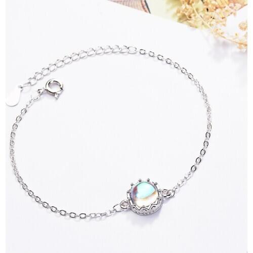 925 Sterling Silver Moonstone Crown Round Bead Charm Bracelet & Bangle For Women Wedding Jewelry SL340