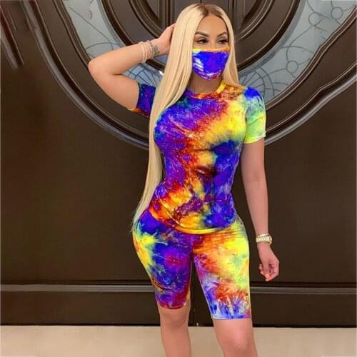 Tie-Dyeing Print Outfits Women O Neck Short Sleeve 2Pcs Set Slim Set Women Tracksuit T-shirt Top Training Suit Streetwear 2021