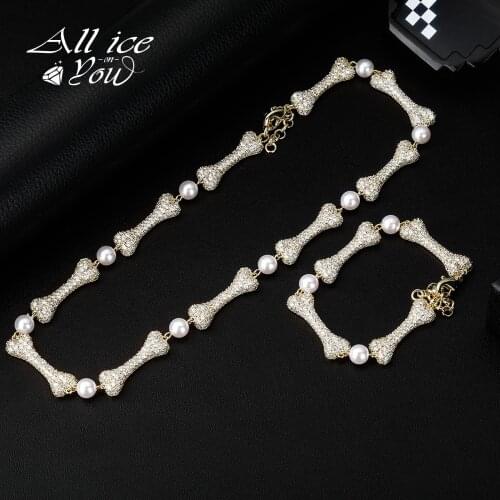 New Retro Fashion Natural Round Large Pearl Bone Necklace&Bracelet Set Iced Out Luxury Chain Hip Hop Jewelry Choker Women Gift