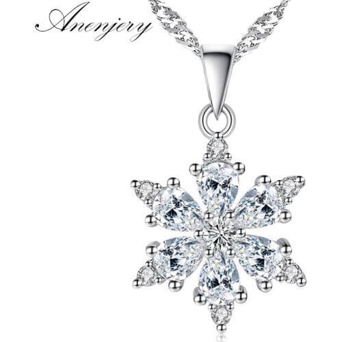 ANENJERY 925 Sterling Silver Jewelry AAA Zircon Snowflake Pendant Neckace For Women Gift Chain choker collares S-N134