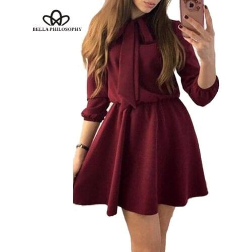 Bella Philosophy spring summer Bow A-Line Women Dresses Solid Vintage Plus Size Dresses Elastic Waist Wrist Sleeve Knee-length
