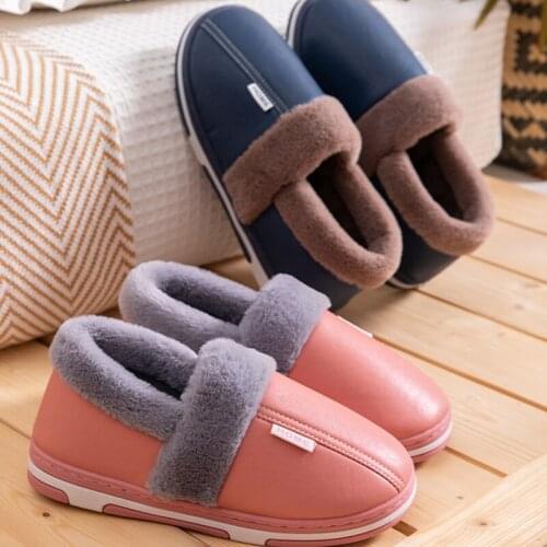 Winter Womens Plush Slippers Warm Home Cotton Slippers Flat Shoes Woman Non-Slip PU Waterproof Comfort Indoor Slipper Couple
