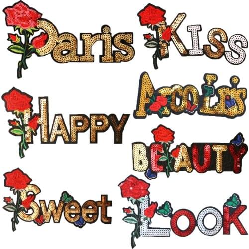 Golden Rose Flower Sequin Embroidery Patch English Alphabet Letter Love Badge Ironing Patches On Clothes DIY Sewing Supplies