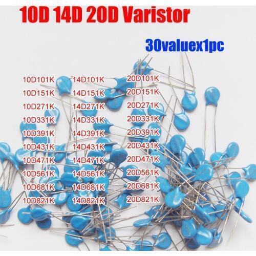 30valuesX1pc=30pcs 10D/14D/20D Voltage Dependent Resistor Kit etc. Varistor Resistor Pack