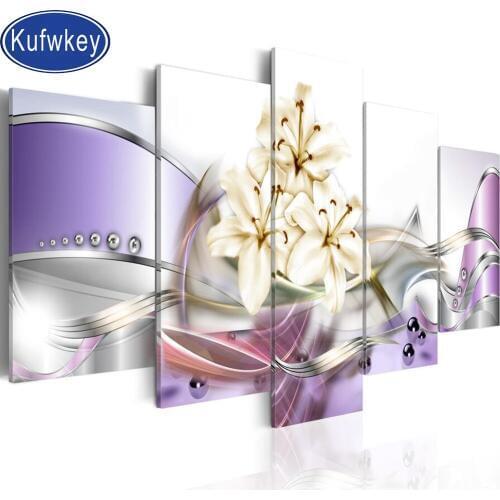 5 pcs diamond painting Purple White Lily Flower 3d full square round drill,mosaic daimond cross stitch diamond embroidery sale