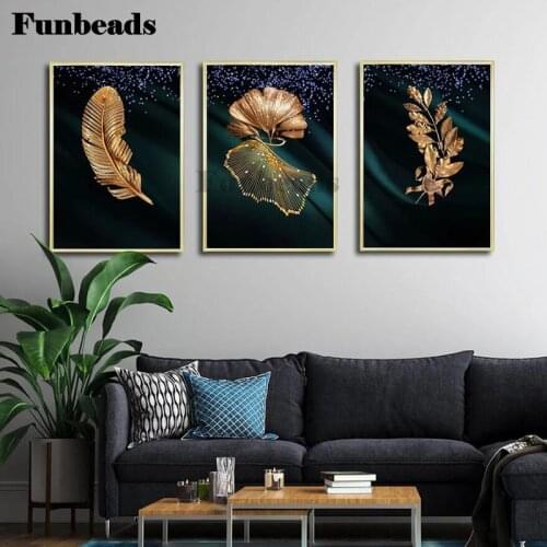 Full square 5d diamond painting Abstract Golden Plant Leaves Feather 3 piece mosaic cross stitch diamond embroidery NordicFF4029