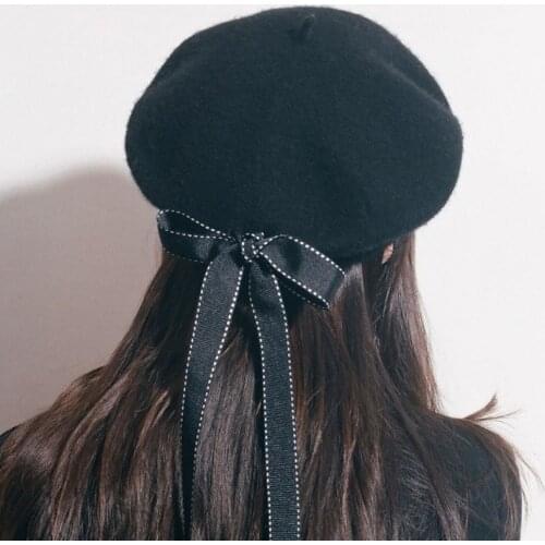 2020 New Fashion Women Soft Bow Elegant Berets Winter Warm Hat Harajuku Wool Beret Hat with Bowknot