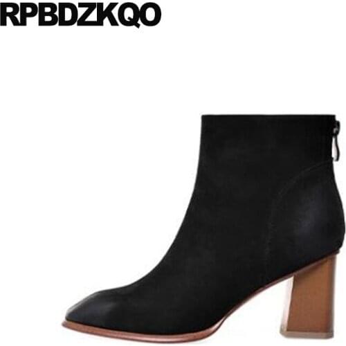 Shoes square toe handmade high heel booties fall block brand women winter boots genuine leather chunky warm autumn fur black