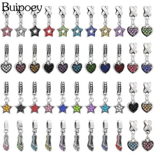 Buipoey 2pcs/lot Heart Star Dangle Crystal Shoes Charm Fit Handmade Bracelets & Necklace 9 Colors Rhinestone Accessory Gifts