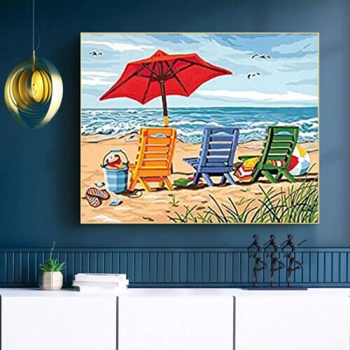DIY digital oil painting living room landscape small fresh simple coloring oil painting hand-painted decorative painting beach