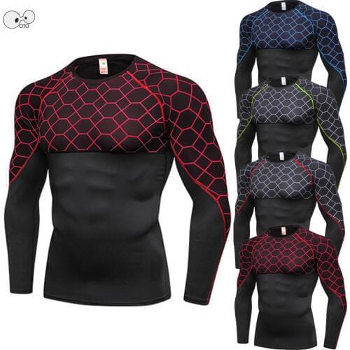 Long Sleeve Grid Printed Mens Running Shirts Rashguard Compression Fitness Base Layer Tight Sports T-Shirt Gym Sportswear Tops