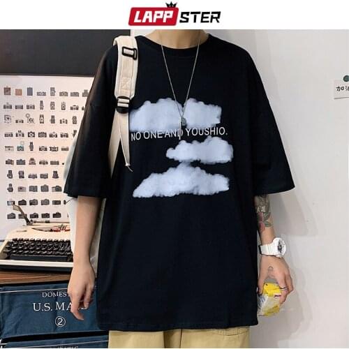 LAPPSTER Men Cloud Letter Printed Harajuku T Shirts 2021 Summer Mens Korean Streetwear Graphic T-Shirt Male Casual Vintage Tees