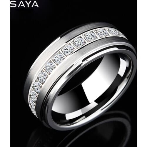 Ring for Men, Cubic Zirconia Tungsten Carbide Ring, Polished Wedding Engagement Band, Free Shipping, Customized