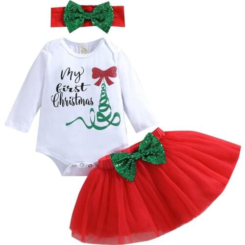 Lioraitiin 1-5Years Toddler Baby Girl 3Pcs Christmas Clothing Set Santa Trees Printed Romper Bowknot Tutu Skirts Headband