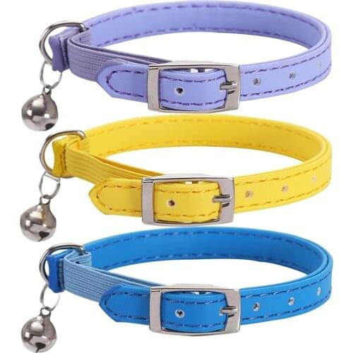 Leather Cat Collar Safety with Elastic Strap and Bell Kitten Collar for Small Pets Cats Kitty Blue Red Orange Lime Green