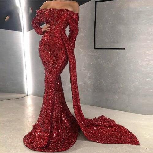 Red prom dresses 2021 off the shoulder long sleeve sequins sparkly shinning mermaid long evening dresses