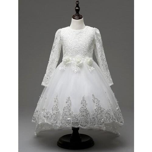 Girl front short back long sleeveless flower lace ball gown full sleeve dress