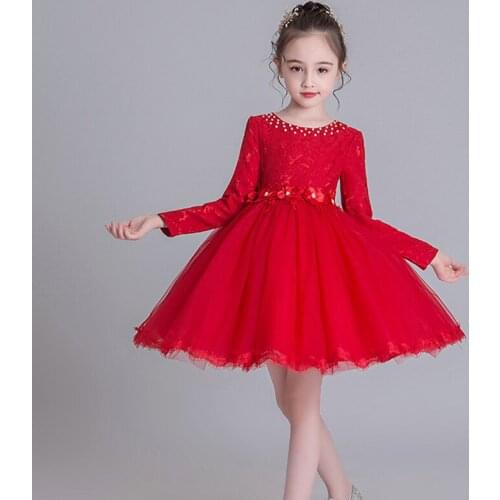 Little Girls Lace Tutu Dress Beaded Long Sleeve Mid-length Flower Girls Dresses White for Wedding Kids Christmas Halloween Red
