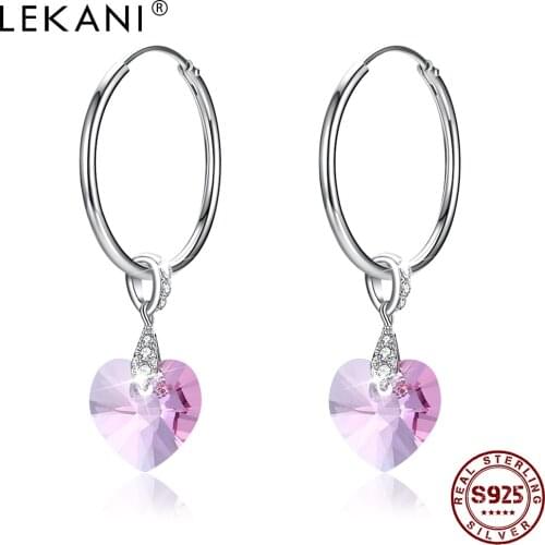 LEKANI S925 Sterling Silver Hoop Earrrings Austrian Crystals With Heart Shaped Crystal Circle Earrings Party Fine Jewelry 2021