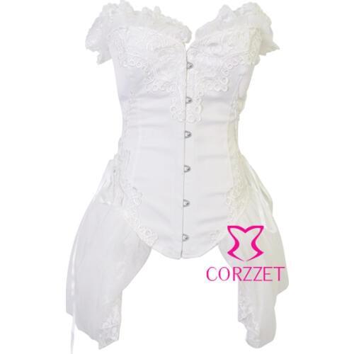 High Fashion Ruffles With Lace Satin Boned Lace up Back Burlesque Corset Dress Body Building White Bustier Matching Thong S-XXL