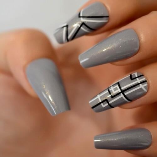 Glossy Dark Gray French Press on False Nails Shimmer Glitter Geometrical Pattern Long Ballerina Coffin Summer Fake Fingers Nails