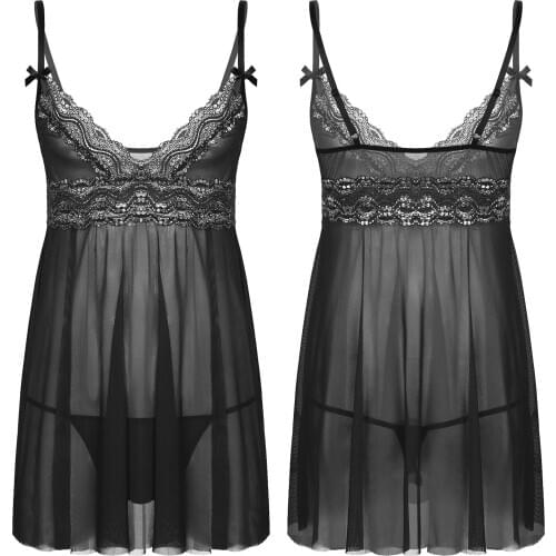 Mens Gay Sissy Babydolls Sheer Lace Mesh Lingerie Costumes Underwear Spaghetti Straps Lace Trim Chemise Babydoll Sleepwear