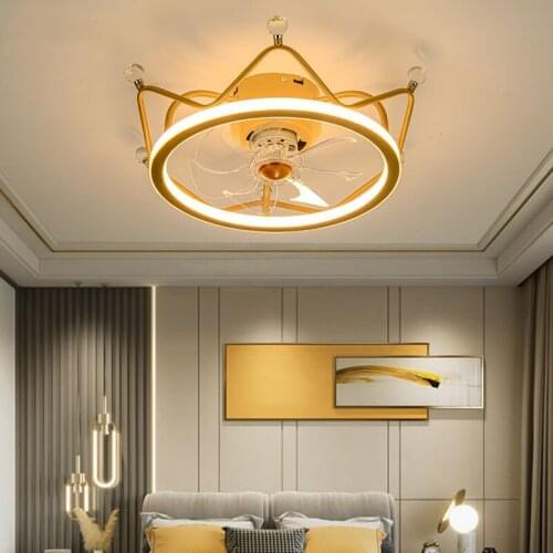 Nordic Creative Crown LED Fan Lamp Light Luxury Cystal Bedroom Living Room Restaurant Stepless Dimming Household Decorative Lamp