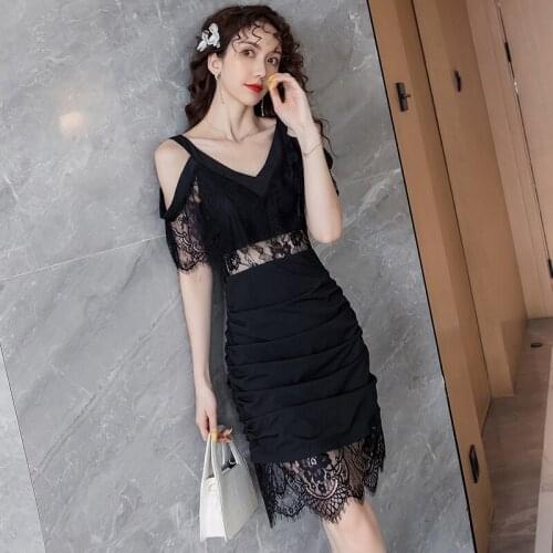 2021 Summer New Black little dress Fashion Women Lace Splice Off shoulder Sexy dress Mini Dress Ladies Banquet party Dress