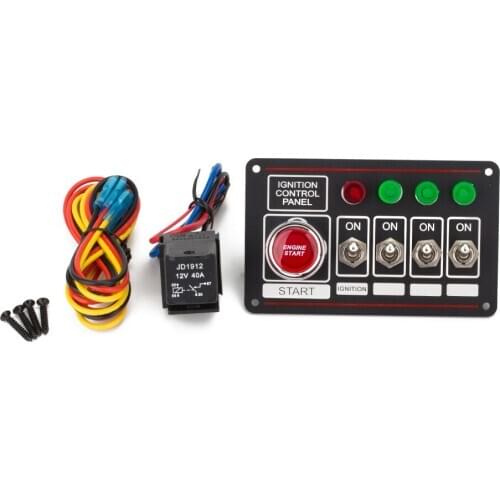 12V Ignition Switch Panel, 4 Toggle Switch & Car Engine Start Push Button Panel with green Red 4 Indicator Light