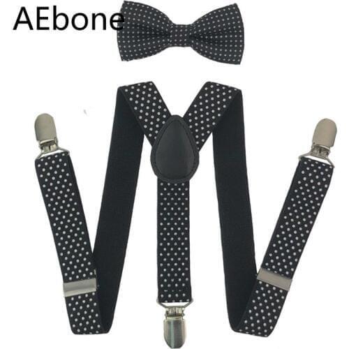 AEbone Fashion Elastic Suspender Kids Brace And Bow Tie Set Black Dot Suspenders For Boy Navy Strap Bretels Sus07