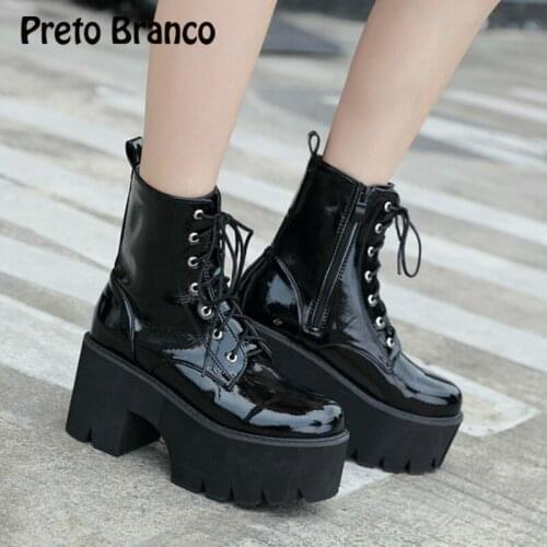 PRETO BRANCO Winter Womens Boots High Heel Ankle Boots Lace-up Motorcycle Single Boots Patent Leather Platform Boots JXQ