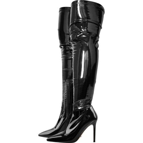 Richealnana Women Pointed Toe Black Patent Leather Over the Knee Boots Thin High Heel Long Lace Up Stretch Ladies Shoes Big Size