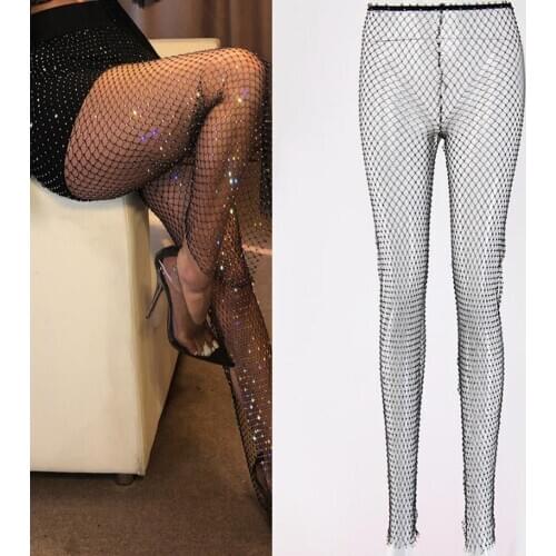 Shiny Crystal Diamond Mesh Pants Women Elastic Hollow Out Fishnet Trousers Sexy Hot Transparent See Through Beachwear Long Pants