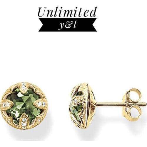 Round Green Crystal Lotus Flower Stud Earrings for Women Thomas Style Gold Color Silver Fashion Ear Stud Jewelry 2018 New