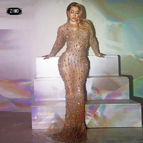 Sparkly rhinestone dress Pearl See through Mesh long Dress Birthday sexy Singer Stage Costume dance clothes women costume Dress
