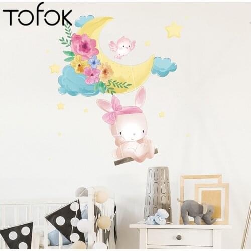 Tofok Rabbit Moon Swinging In Autumn Wall Sticker Self-adhesive Home Decor for Baby Kids Room Removable Living Room Decals