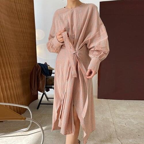 Fashion Shirts Dress Autumn Women O Neck Plaid Print Dress Loose Tunic Chic Women Casual Midi Dress Vestidos