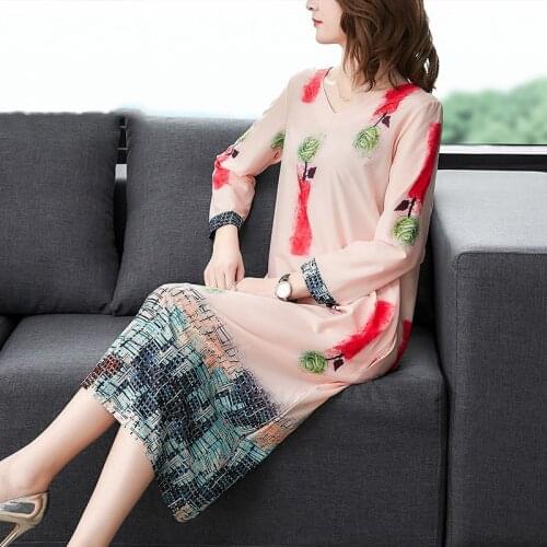 Spring Plus size Women Dress Fashion Imitate Real Silk Print Dress Casual Long Chinese Style Elegant Large size Party Vestidos