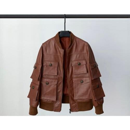 Spring 2021 New Leather Leather Coat Womens Short Pocket Baseball Jacket Sheepskin Motorcycle Jacket