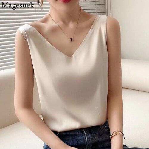 2021 V-neck Solid Satin Sling for Women Elegant Sexy Sleeveless Casual Blouse Women Loose Silk Blouse Fashion Blusas Mujer 15501