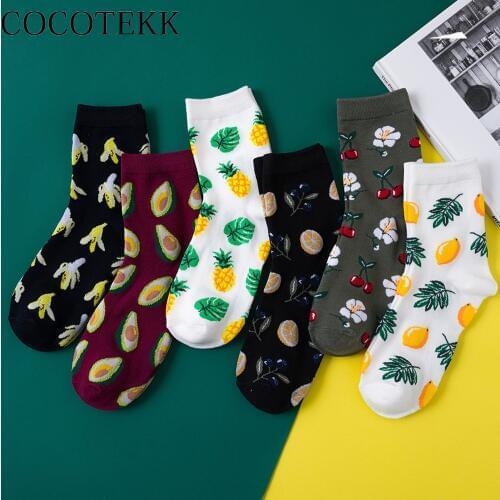 Women Socks Korean Cotton Colorful Cartoon Cute Funny Fruits Animal Lemon Avocado Flamingos Plumerias Happy Socks Christmas Gift