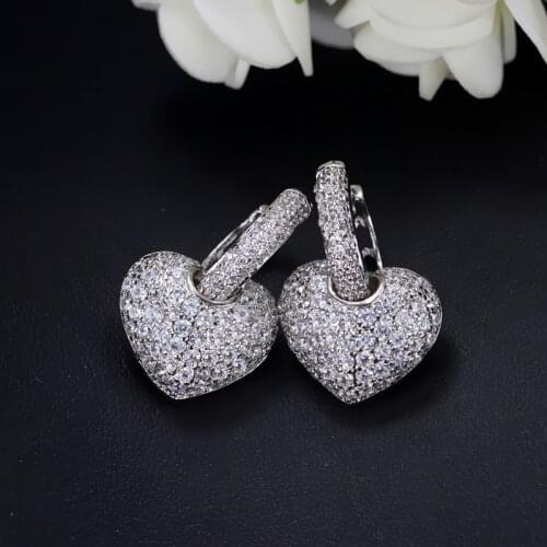 CWWZircons Brand New Fashion Clear Hook Micro Pave Cubic Zirconia Love Heart Stud Earrings for Women Jewelry Gift CZ215
