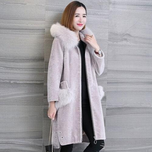 Real Winter Fur Coat Women Long Sheep Shearling Overcoat With Genuine Fox Fur Collar Hooded Natural Wool Jackets 17075