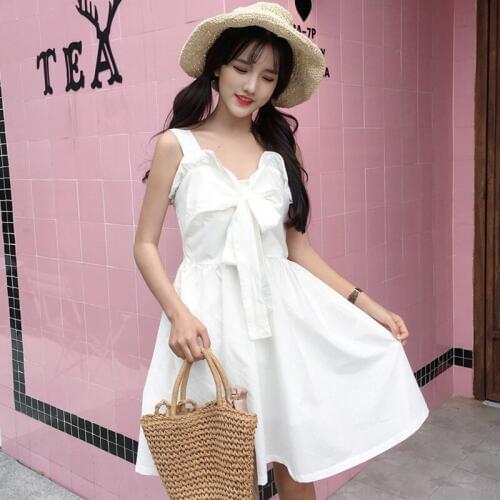 2018 summer new womens Japanese sweet V collar bow strapless Spaghetti Strap stylish temperament Dress
