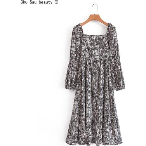 2021 Spring Autumn French Vintage Floral Print Square Collar Back Elastic Long Sleeve Dress Holiday Style Long Vestido Women