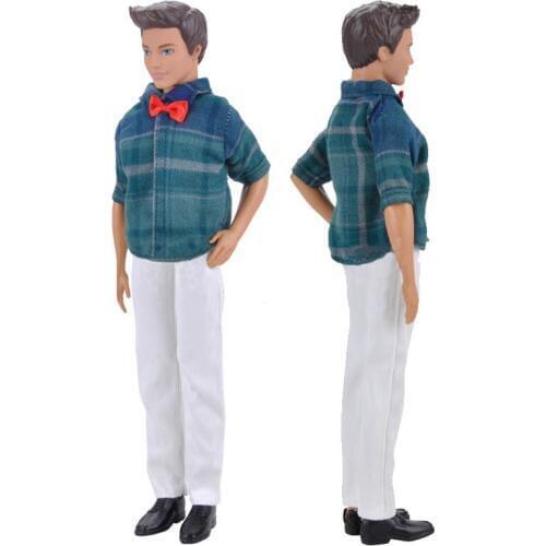 1set 1/6 Doll Clothes Blue Plaid Shirt & White Pants For Ken Dolls Trousers For Barbies Boyfriend Ken Prince Boy Doll Clothes