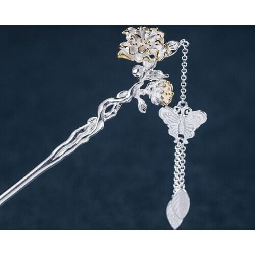 1pcs Tassel Flower Hairpin 925 Silver Ancient Style Headdress Girls Hanfu Decor Accessories Women Girl Hair Stick Gift